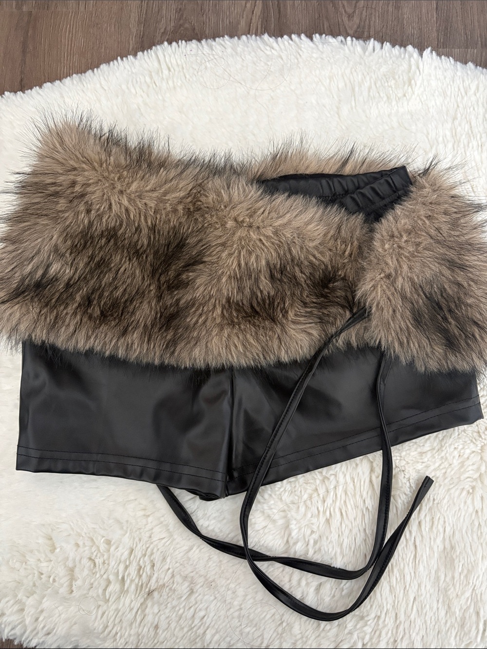 Faux Leather High-Waist Shorts with Faux Fur Trim - Brown